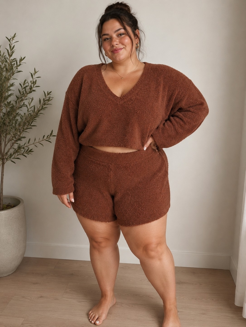 Cozy Brown Fuzzy Lounge Set - V-Neck Sweater & Shorts